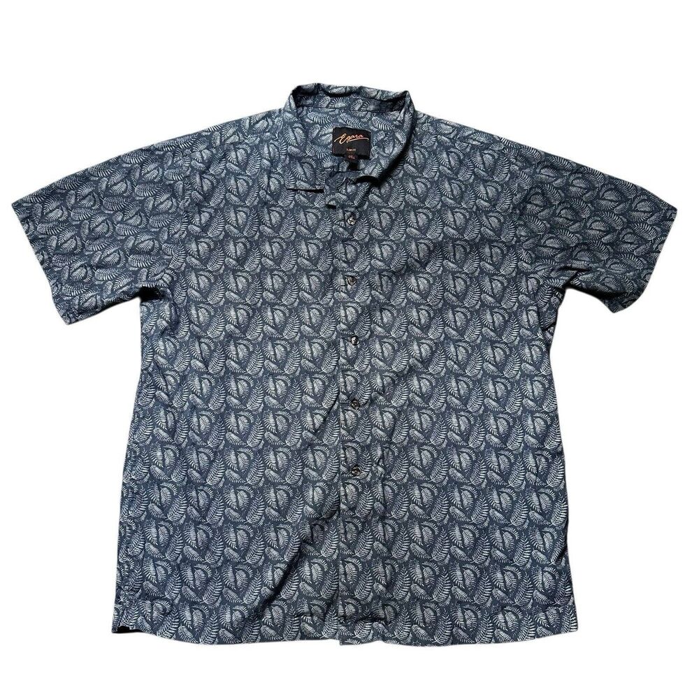 Egara Mens XL Slim Fit Button Up Shirt Blue Leaf Print Short Sleeve Cotton Top
